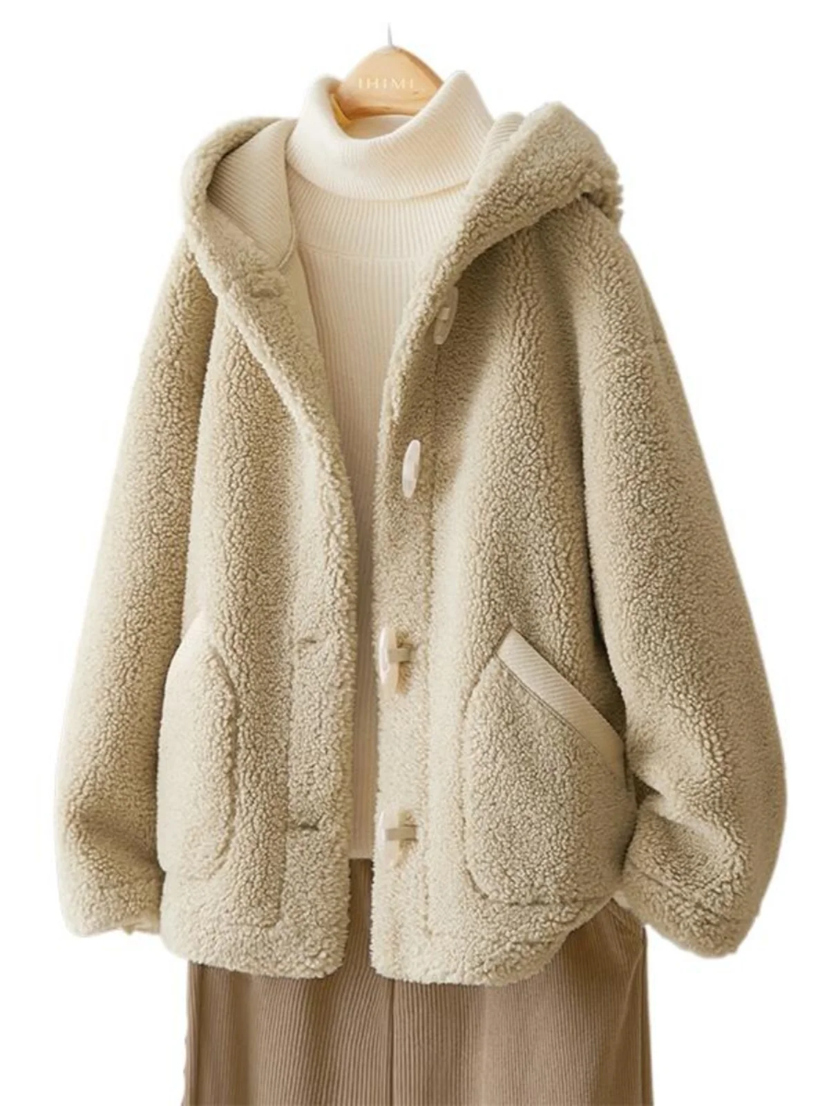 

IHIMI Winter Thiened ort Fur Jaet Женский повседневный универсальный топ с капюшоном на подкладке из искусственного волокна Long Sve