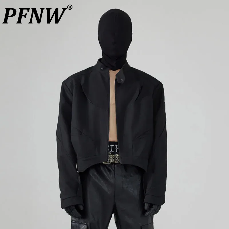 PFNW New Autumn Male Jackets Hollow Out Solid Color Tops Loose Stand Collar Zipper Male Short Coat Dark Style Personality 12C936