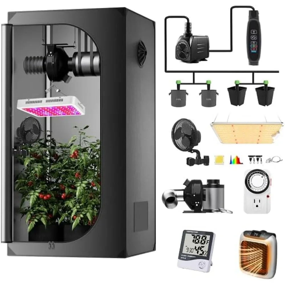 

24X24X48 INCH Grow Tent, 150W LED Grow Light with 4 Inch Fan Filter,Clip Fan,Auto Drip Irrigation Set & Heater, Indoor Grow Tent