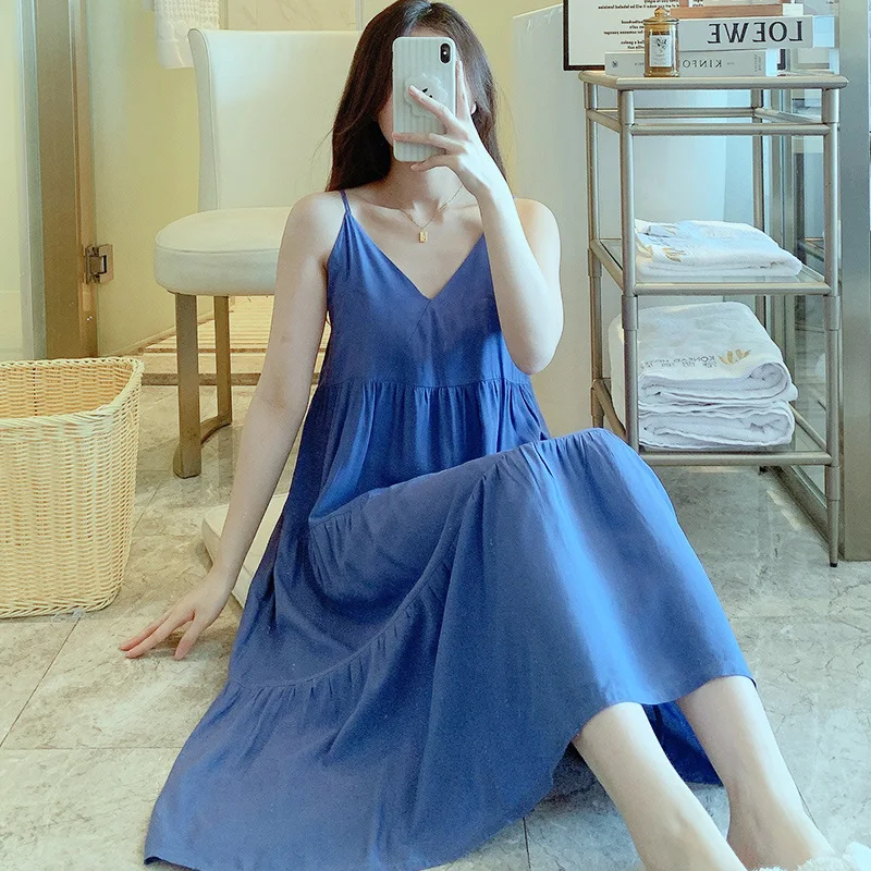 New Nightdress Women\'s Summer Spaghetti Strap Dress Long Print Simple Sleepwear Women Large Size Pajamas Sweet Girl Nightgowns