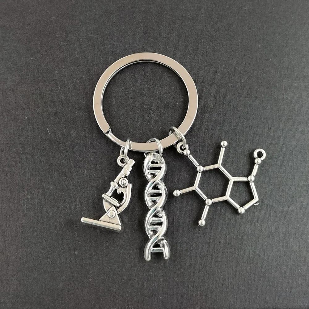 3 pièces de porte-clés en alliage de zinc en forme de molécule, hélice d'ADN, détail de microscope, porte-clés de biologie, taille compacte, finition polie