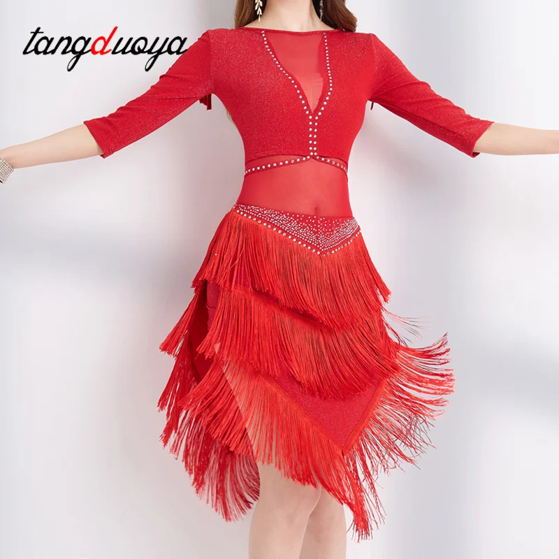 Latin Dance Clothes For Women Rhinestone Fringe Dress Professional Rumba Practice Clothing Ballroom Dance Competition Dress