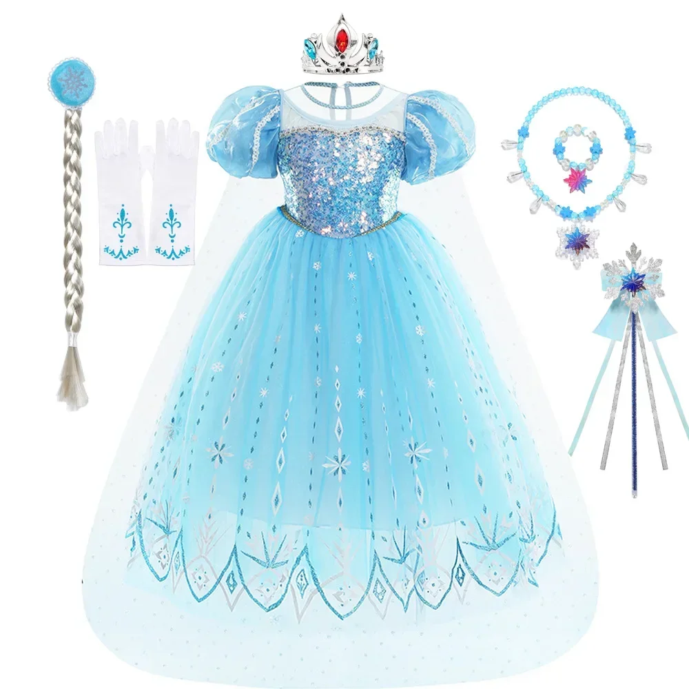 

Костюм Эльзы, платье для девочек, синие платья принцессы для косплея с плащом, карнавальное платье, платья