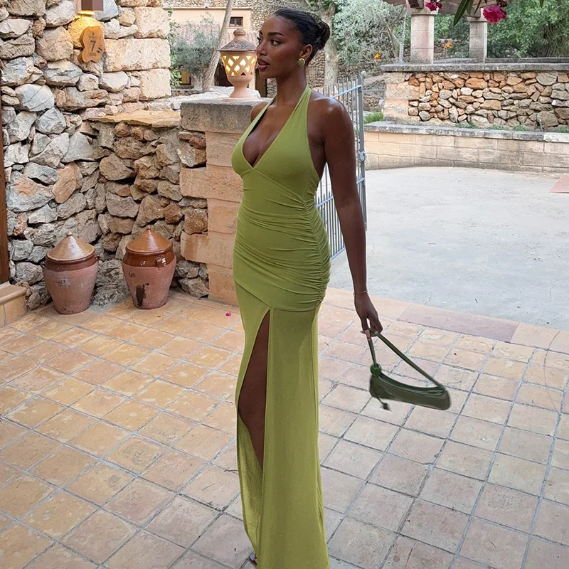 

Sexy Deep V Ne Long Skirt Dr with Pleats Waist Cinching Street Sle Me Split Hanging Ne Design Cross-Border ular...