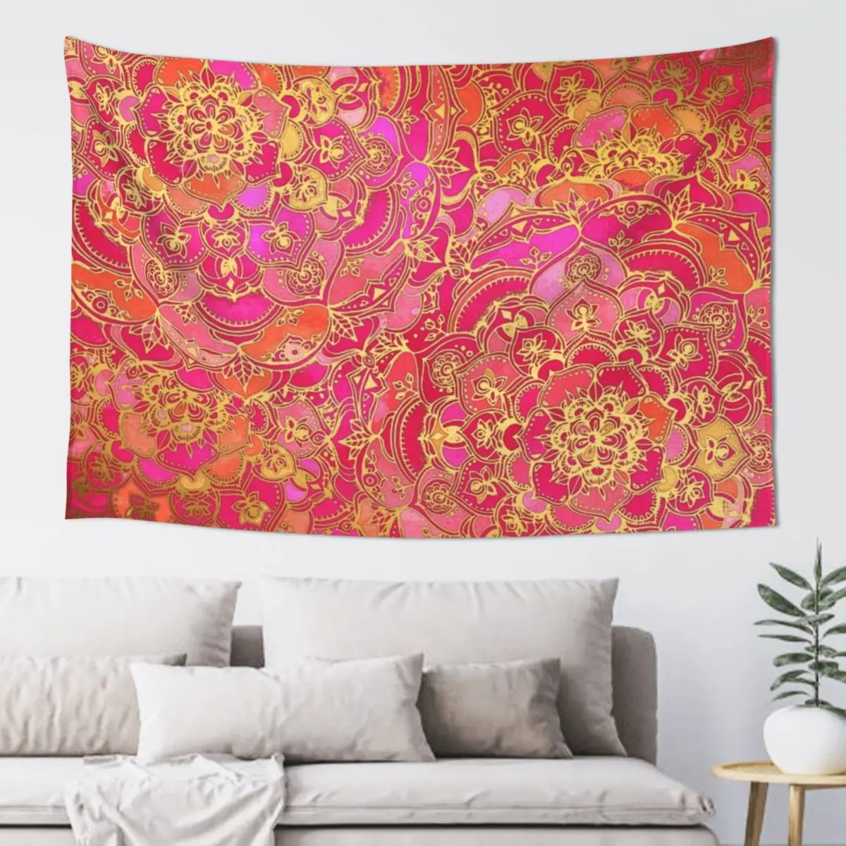 

Hot Pink and Gold Baroque Floral Pattern Tapestry Luxury Living Room Decoration Tapestry
