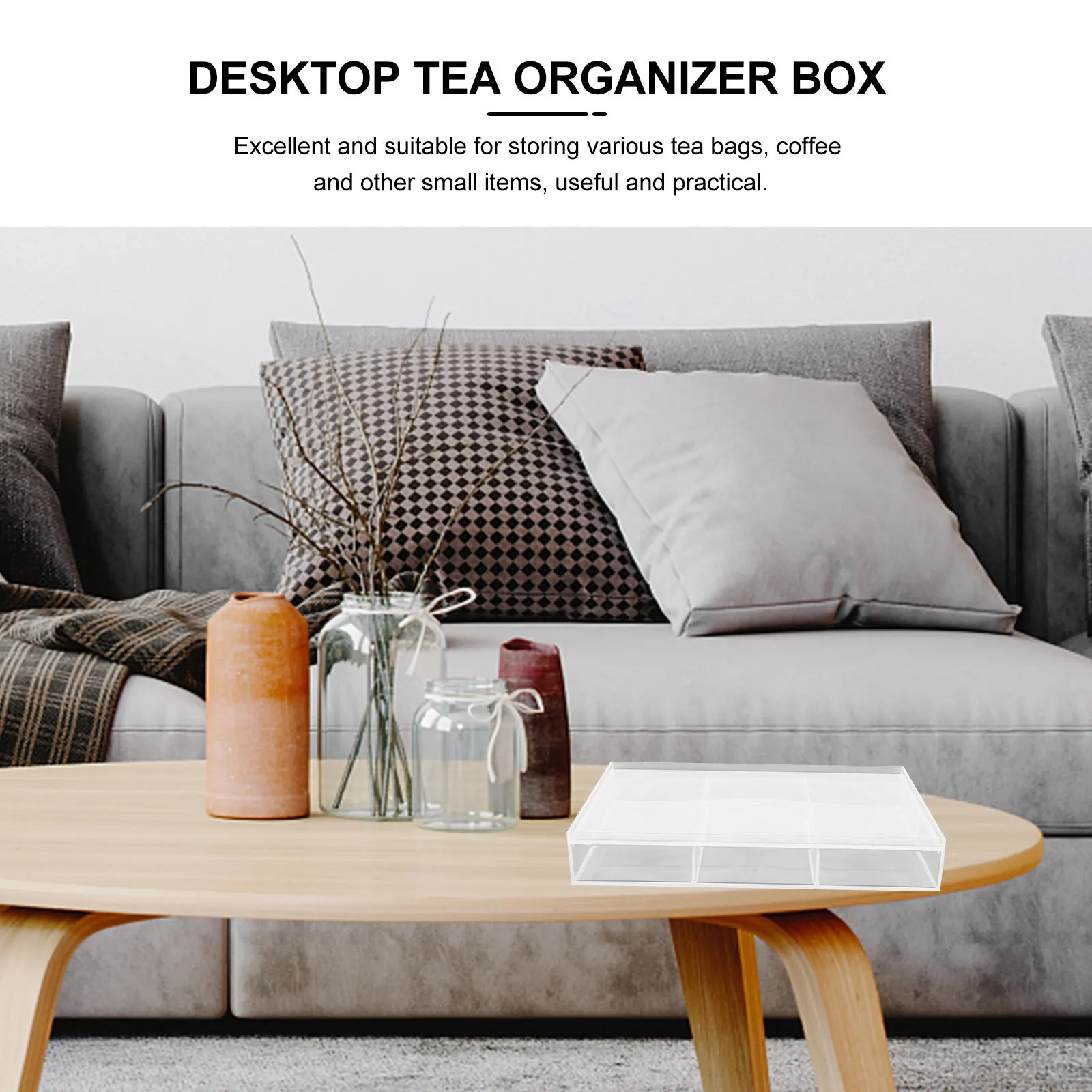 

Home Tea Bag Organizer Clear Box Lid Plastic Holder Divided Compartments Multi-Purpose Kitchen Bedroom Office Use
