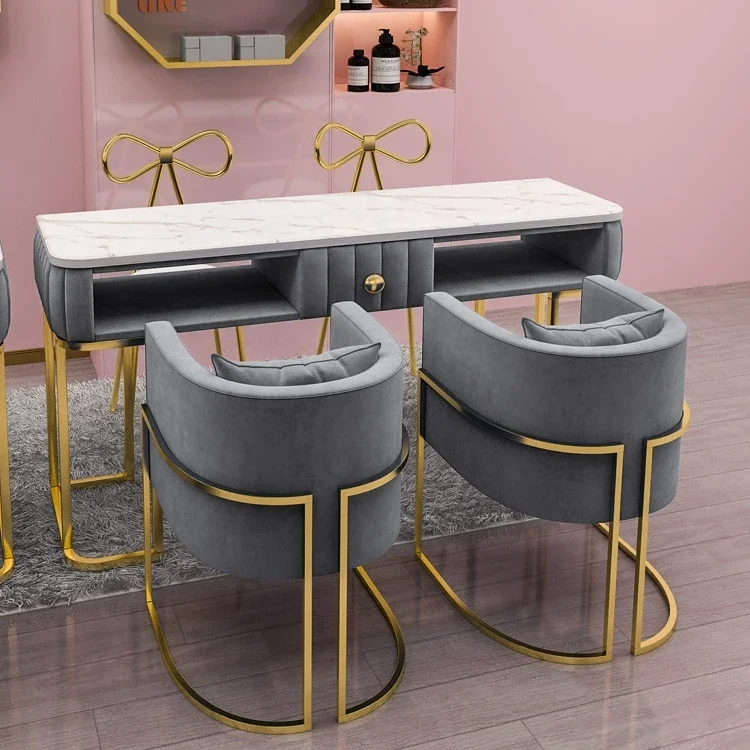 Light Luxury Marble Manicure Table with Drawer and Chair Set Combination Salon Work Table Double Nail Work Table