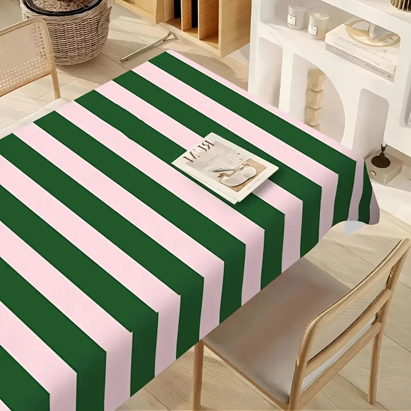 One elegant linen tablecloth - green and pink horizontal stripes on the surface - machine-washable linen fabricxzj