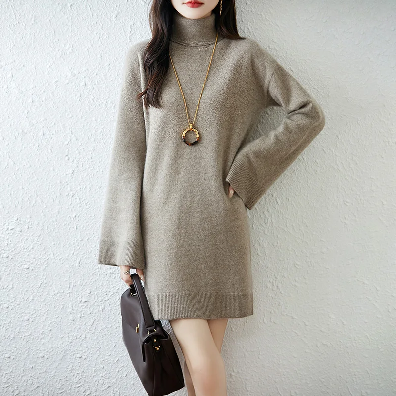 

2025 New Women Knitted 100% Australia Wool Long Dress High Neck Flare Sleeve High quality Medium Length Style Loose Dress