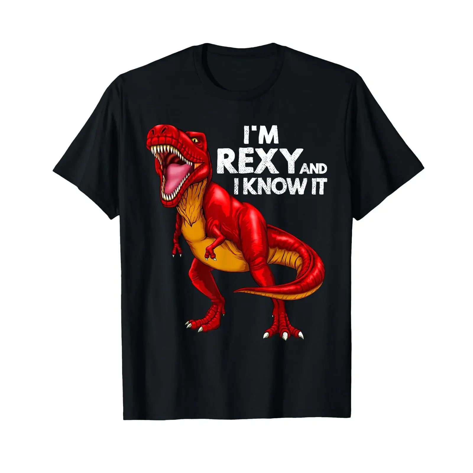 T-shirt Dinosaure T-Rex « I'm Rexy And I Know It » Noir Vintage Délavé – Haut Décontracté et Élégant pour le Quotidien – Vêtements de Créateur Doux et Tendance
