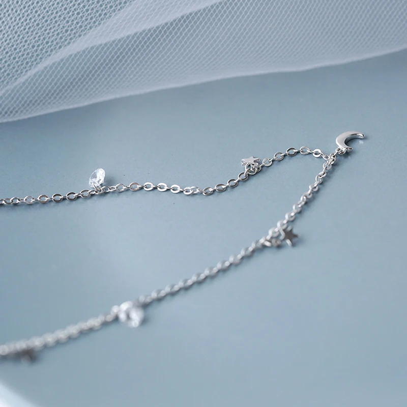 2024 925 Sterling Silver Shiny Zircon Moon Star Choker Pendant Charm Long Chain CZ Crystal Necklace Women Wedding Fine Jewelry