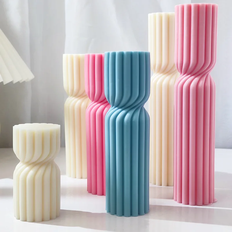 DIY New Cylindrical Tall Twirl Pillar Candle Mold Ribbed Aesthetic Twist Swirl Silicone Mould Geometric Striped Soy Wax Mold