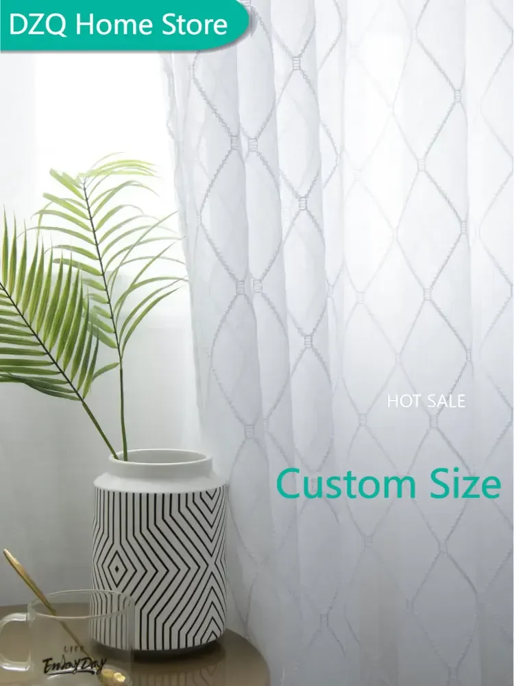 

Geometric Design Tulle Window Curtains for Living Room, Japan Style, White Voile Curtain for Bedroom, Diamond Lattice Custom