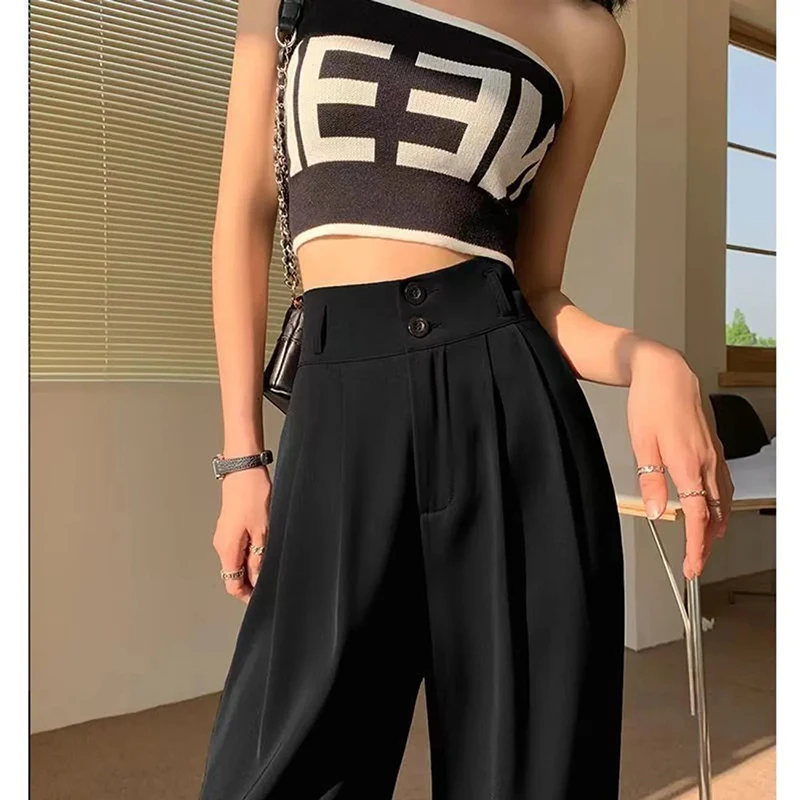 Vintage Suit Wide Leg Pants Women Grey Summer Fashion High Waist Straight Pants Office Ladies Loose Casual Thin Trousers New