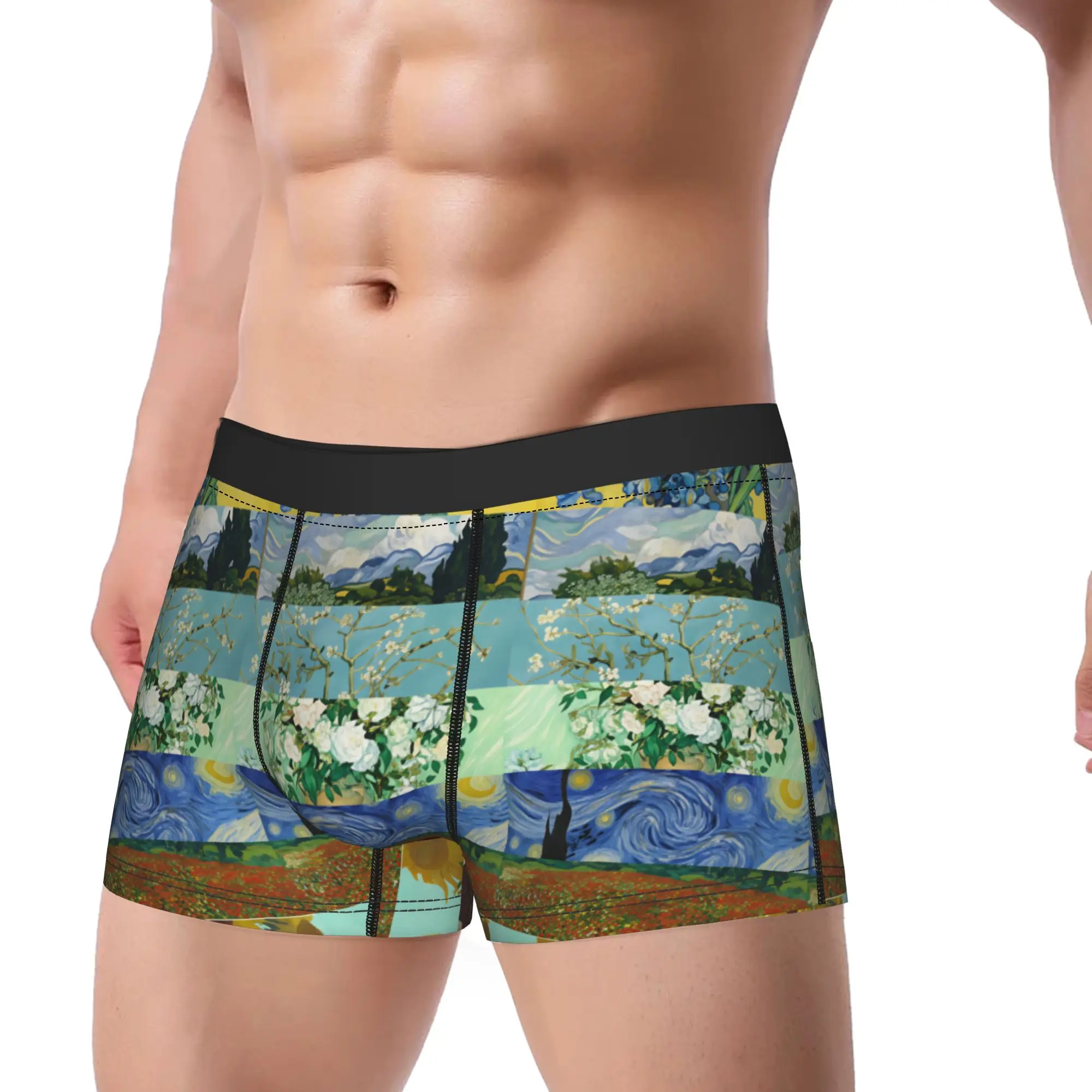 Van Gogh Landscape & Tree Patchwork Underwear  Comfortable Panties Printed Shorts Briefs For Men 3D Pouch Oversize Trunk