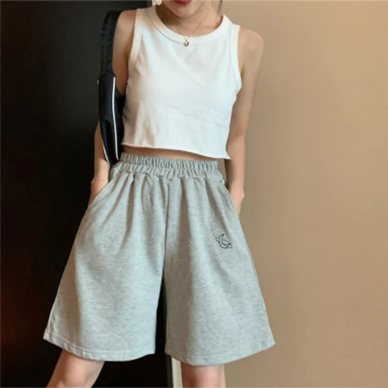 Embroidery Shorts Women Summer 2024 New Loose Elastic Waist High Waist Wide Leg Leisure Five Trousers Women's Clothing Traf 반바지