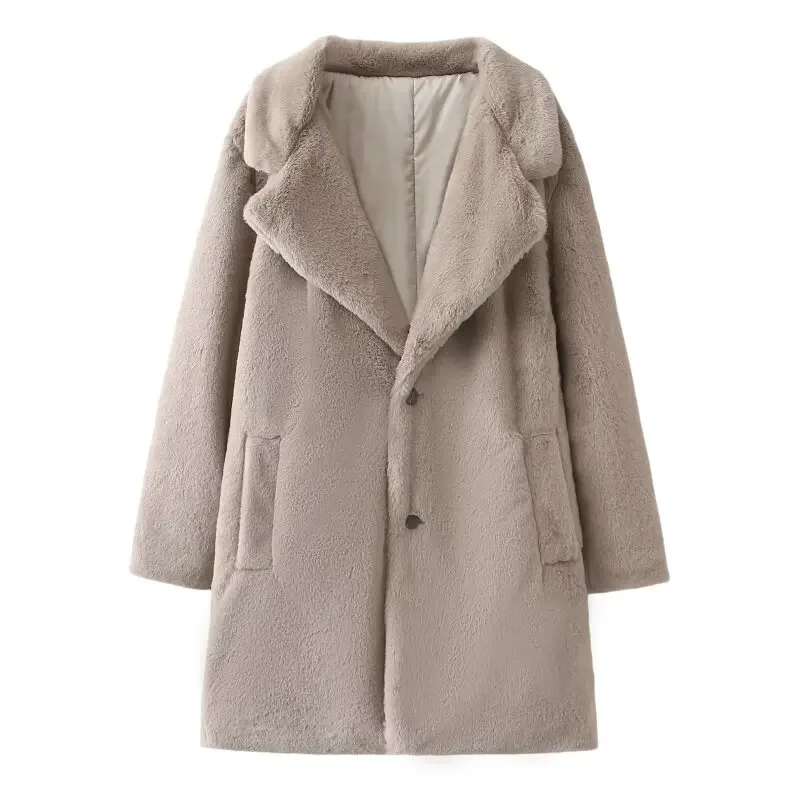 Fashion Lady Faux Fur Coat Women Lapel Luxury Thick Warm Outerwear Winter Lady Street Loose Long Sleeves Jacket Simple Jacket