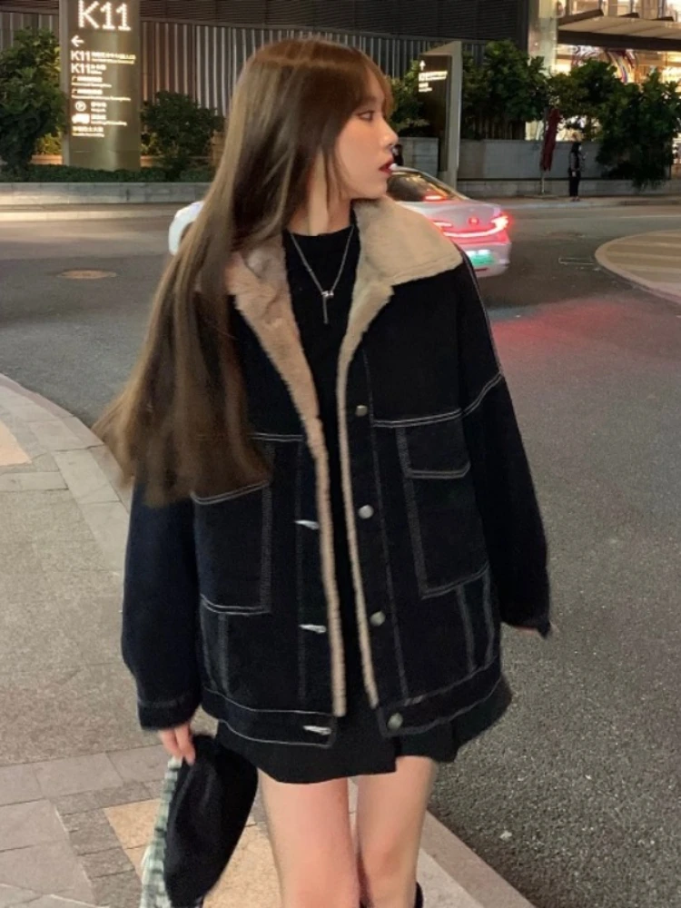 New Korean Fashion Winter Women Coat Warm 2023 Lapel Denim Thick Jacket Casual Work Clothes Cotton Padded Jackets for Women Tops