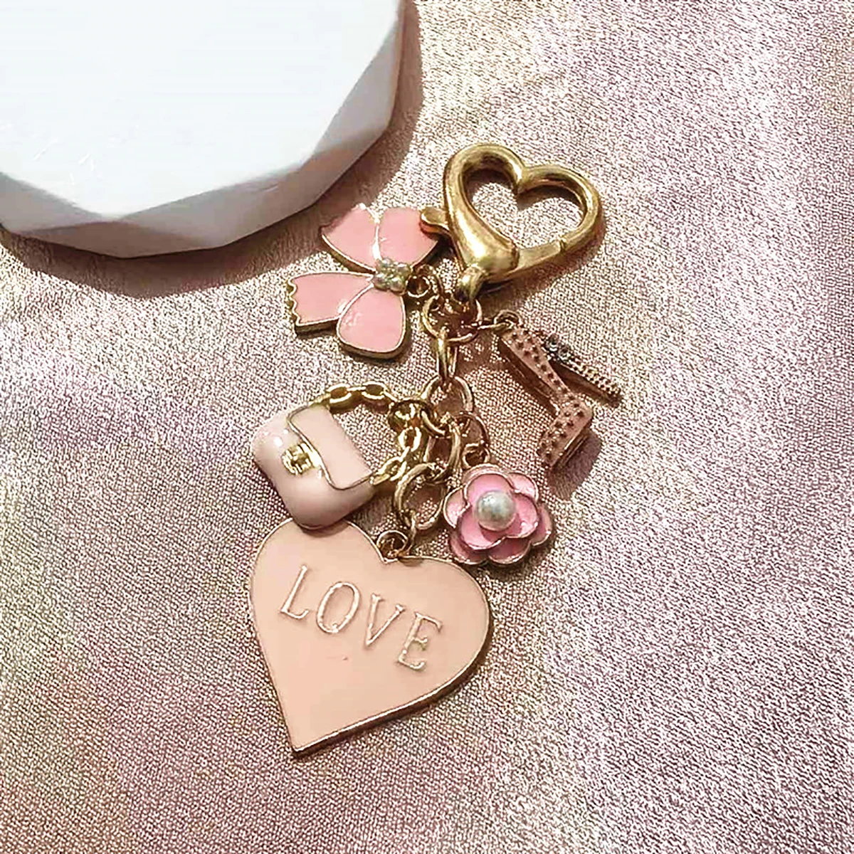 Pretty Pink Heart Flower Bow Knot Bag Enamel Keychain Cute Fashion Key Ring For Women Girls Handmade Birthday Gift Jewelry