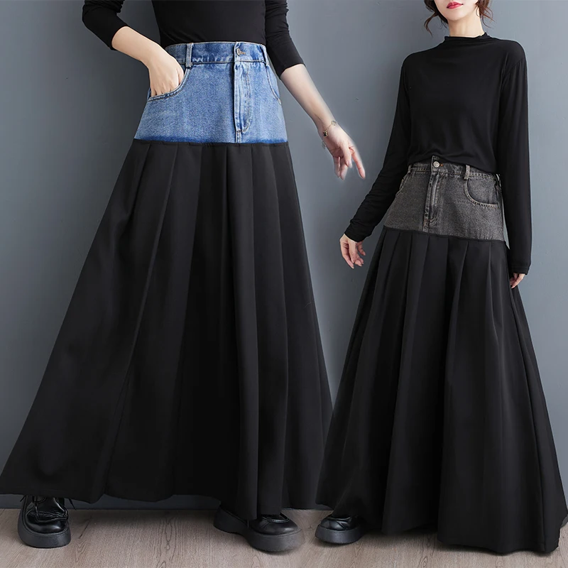 

#3060 High Waisted Split Joint Denim Pleated Skirt Women Loose Korean Style Long A-line Skirt Ladies Side Pockets Streetwear