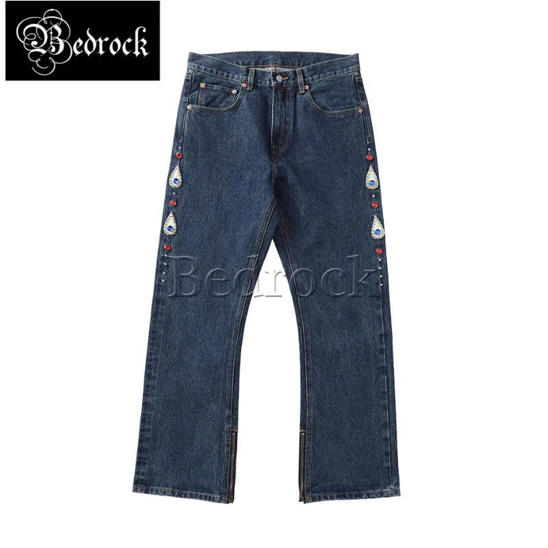 MBBCAR 14.4oz Selvedge Denim Jeans flare pants for men Hippy Vintage one washed Blue bell-bottom trousers Rivet Set Diamond Rock