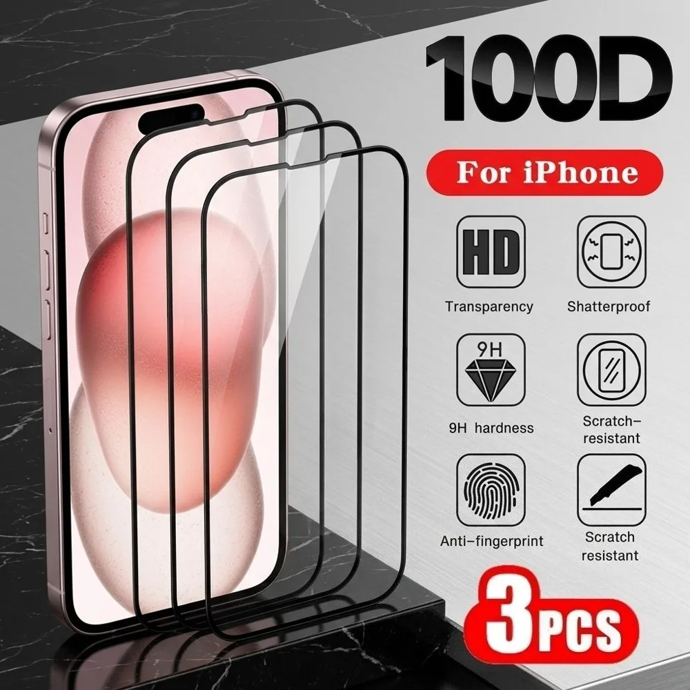 

3Pcs Full Cover Screen Protector for iPhone 17 16 15 14 Pro Max Air 17e 16e Tempered Glass for iPhone 15 14 Plus 13 12 11 Pro