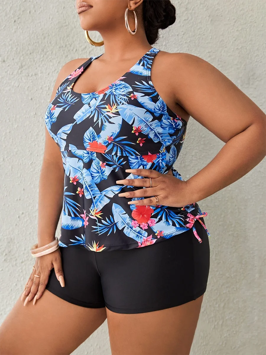 2023 Tankini Plus Size Tropical Print Swimsuit Women Drawstring Swimwear Female Bathers Bathing Swimming Swim Suit Beach Wear