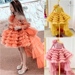 Feather Flower Girl Dresses for Wedding Tulle High-Low Length Tiered Girl Kids Birthday Party First Communion Party Gown