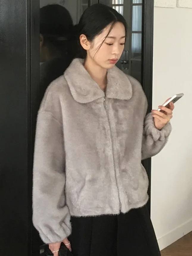 شتاء جديد Faion الوقوف طوق سستة وهمية المنك Jaet ort المرأة الفاخرة يشعر معطف الدفء الفراء الاصطناعية الكورية Sle