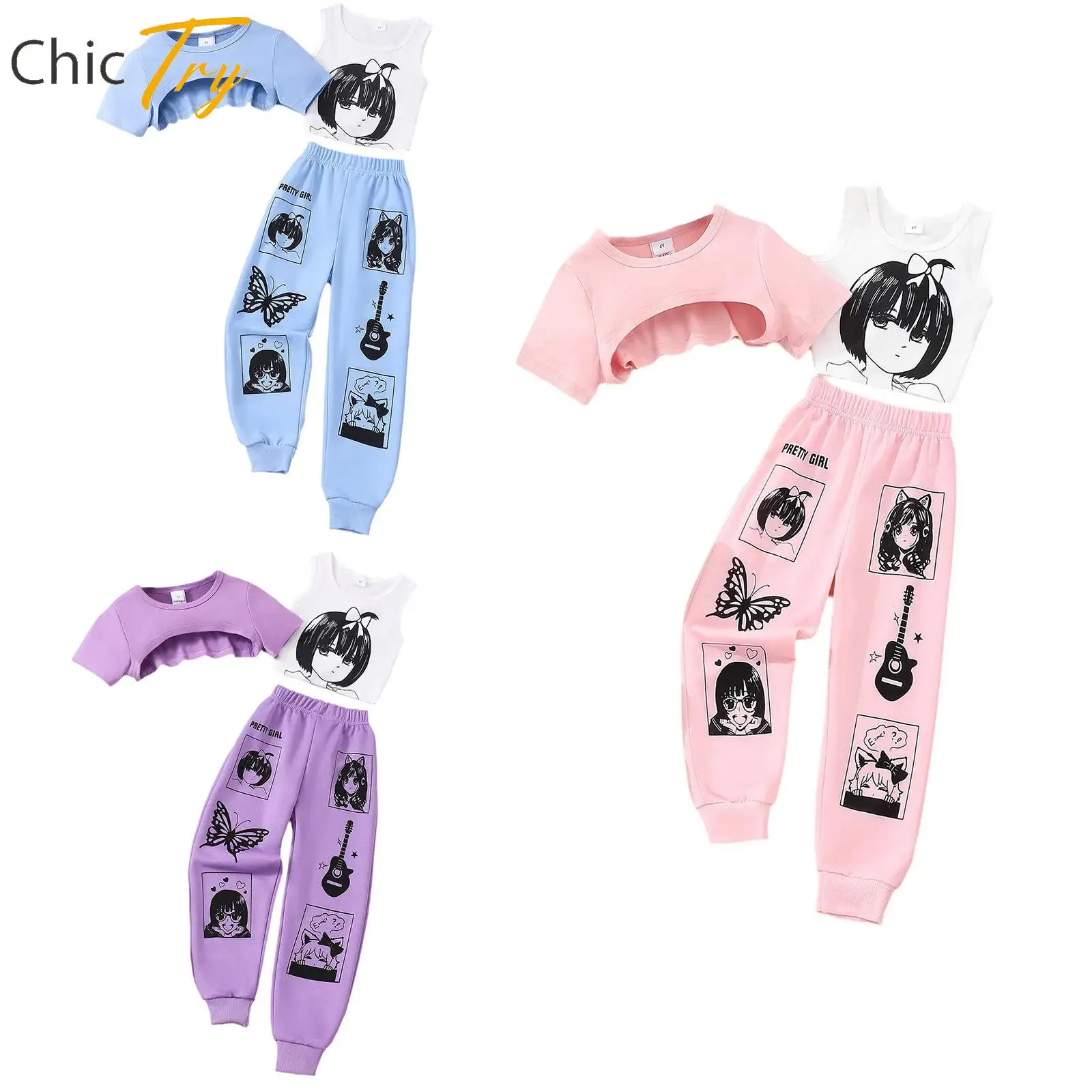 

Girls Sports Suit Hip Hop Street Dance Performance Set Asymmetrical Hem Crop Top+Anime Printed Vest+Sweatpant 3-piece Casual Set