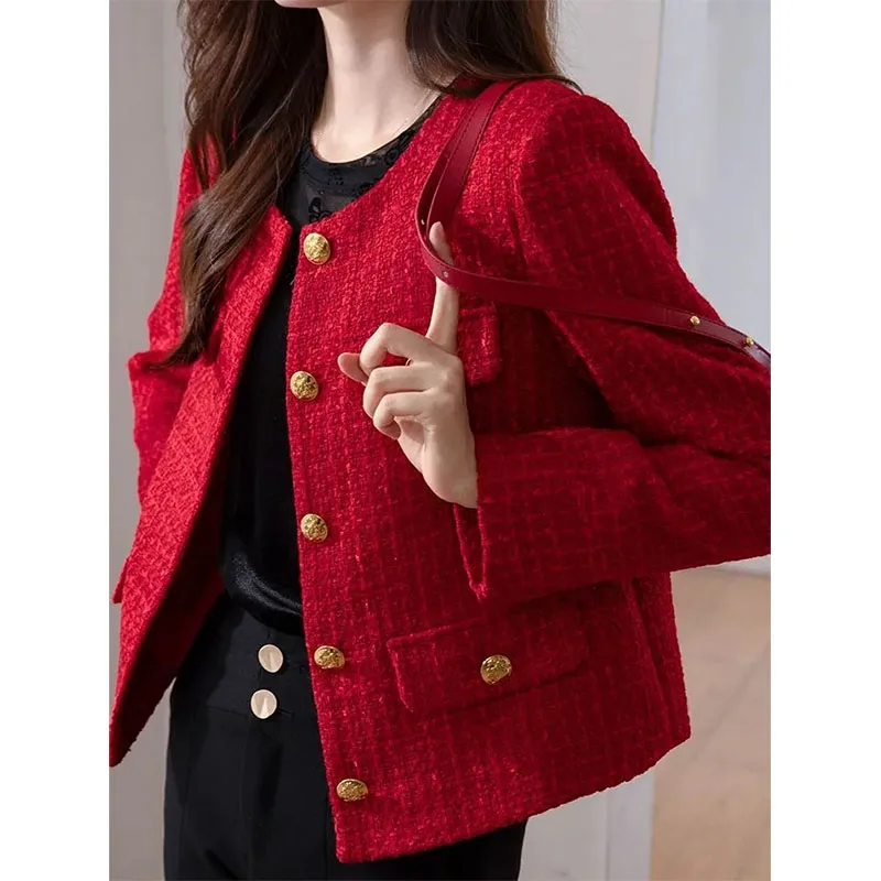 2024 New Women's Short Jacket Spring Autumn Korean Fashion Female Tops Elegant  Red Tweed Small Fragrance Coat Outerwear