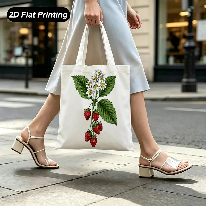 1PC【Tote Bag】2DFlat effect，Strawberry Daisy Plant Print Tote Bag，Large capacity and durable，Adapted shopping、Daily Com