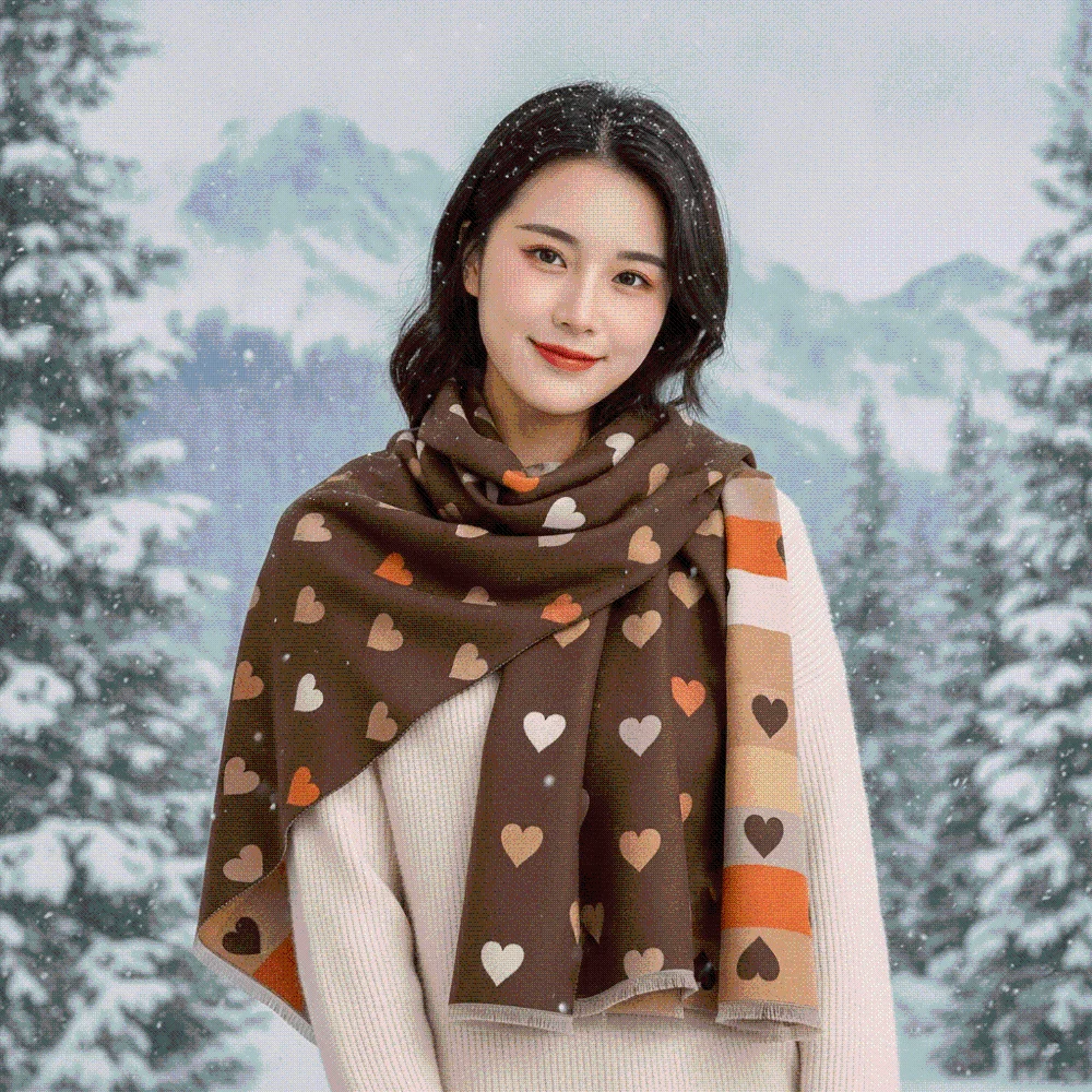 Colorful Knit Stole Thick Heart Pattern Scarf Warm Soft Winter Warm Shawl Cozy Fabric Fringed Faux Cashmere Wrap Winter Vacation