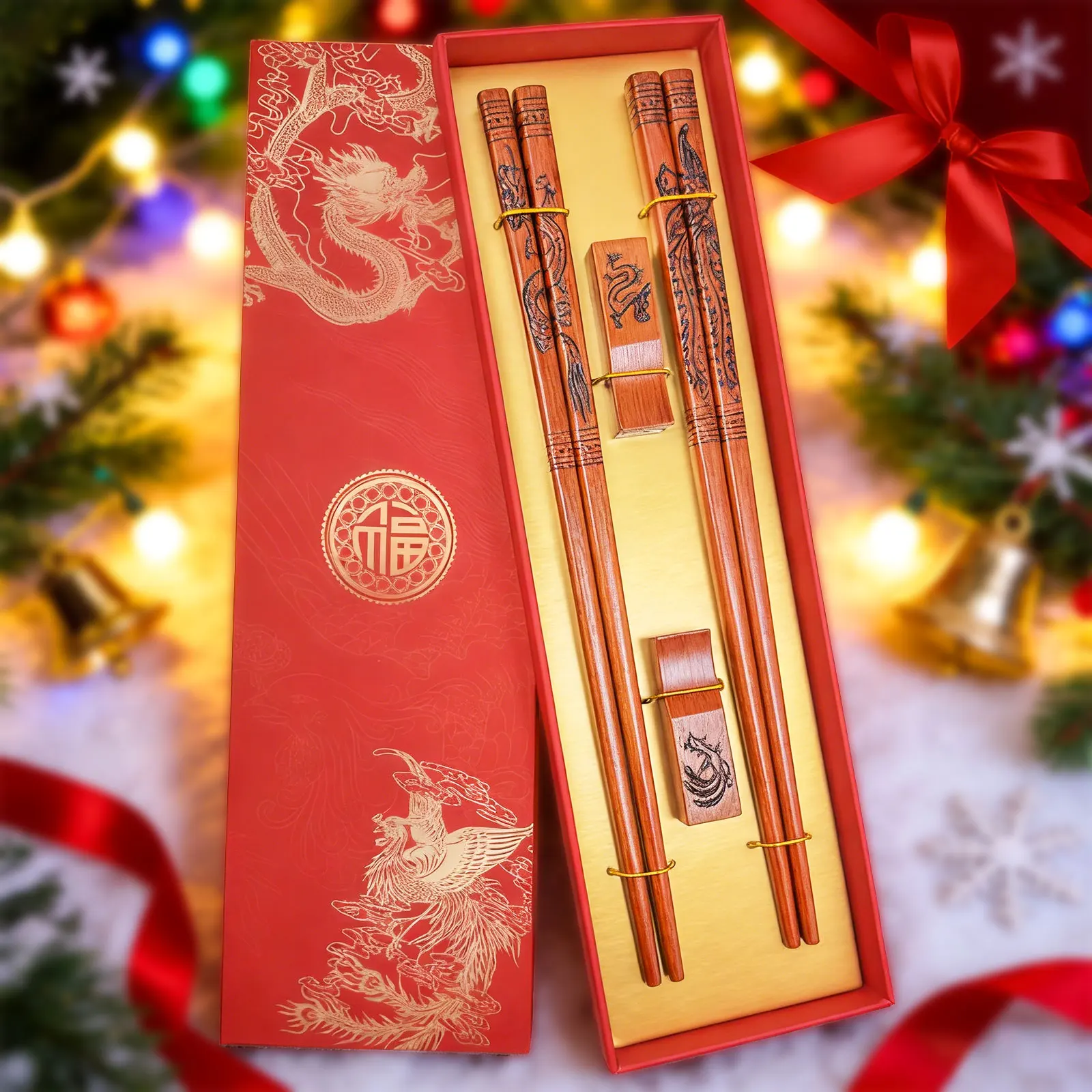 2 Pairs Chinese Dragon Phoenix Wooden Chopsticks, Premium Gift Set with Stand for Wedding, Christmas, Valentine‘s, Thanksgiving