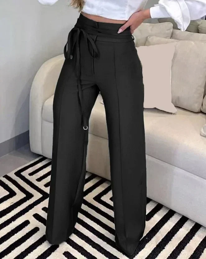 Women\'s Pants 2023 Spring Fashion Tied Detail Straight Leg Elegant Plain High Waist Long Work Pants Office Lady