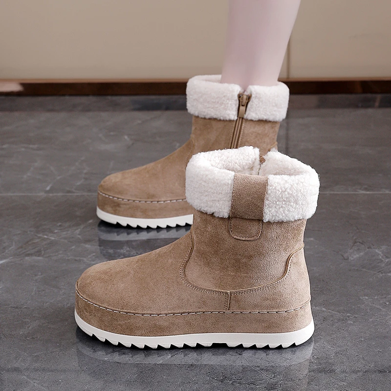 الشتاء المرأة أحذية الثلوج سميكة الدافئة سستة حذاء من الجلد موضة أفخم ذات حواف الجوارب الرجعية الجلد المدبوغ الصوف مبطن أحذية قطنية #5