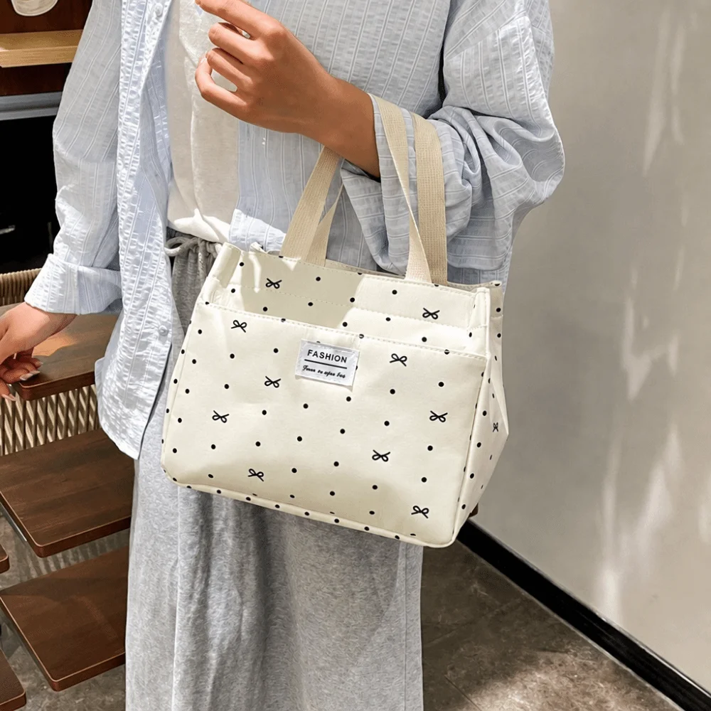 Durable Large Capacity Polka Dots Lunch Bag Portable Thickened Commute Bag Casual Women Handbag for Office Workers