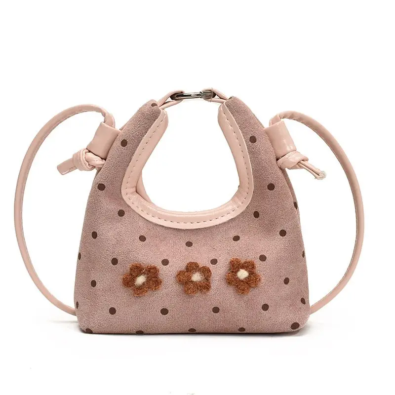 Red Pink Yellow Coffee Brown Polka Dot Floral Velvet Flower Mini Crossbody Handbag PU Leather Shoulder Bag Purse for Girls Kids