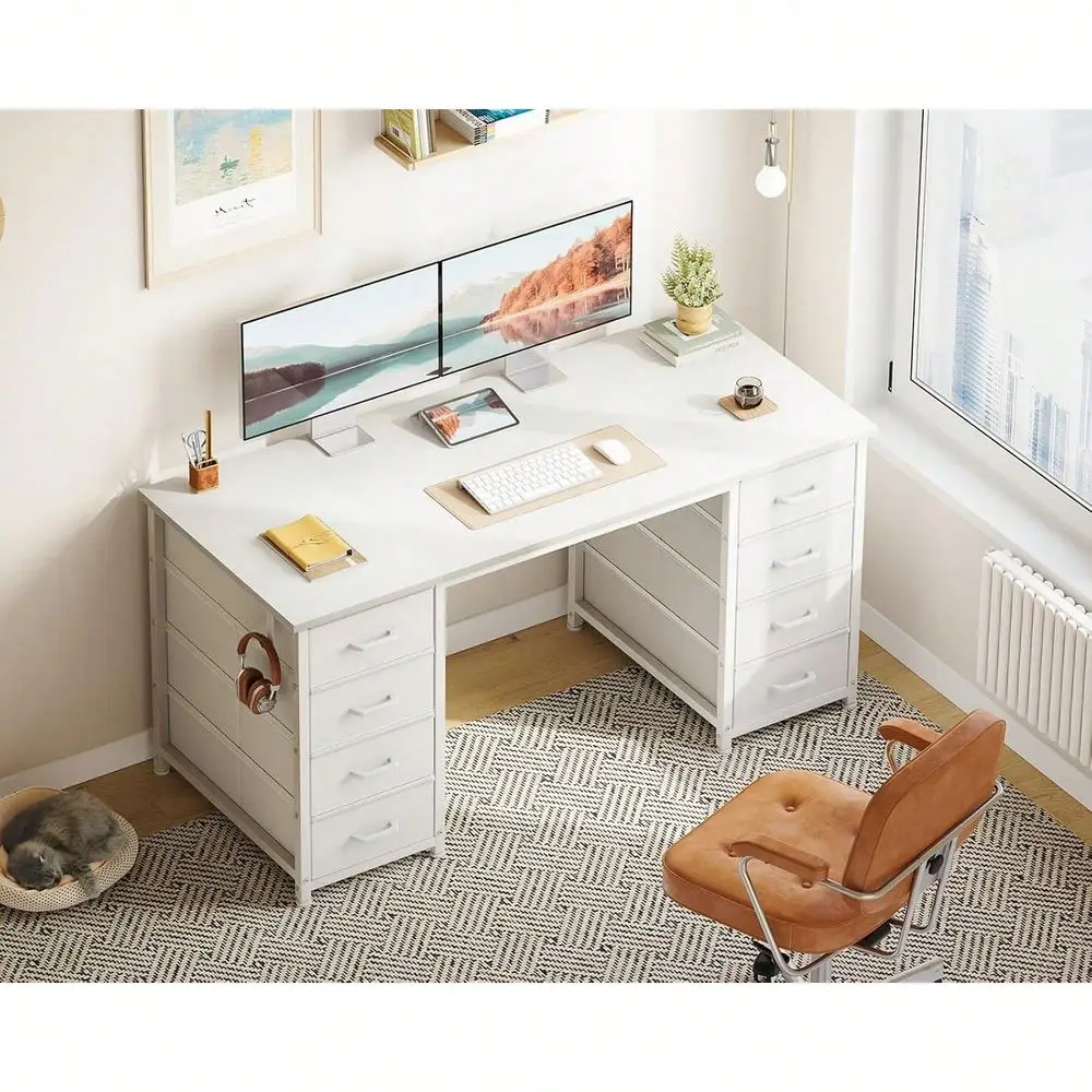 

Inch White Computer Desk With 8 Fabric Drawers, Modern Office Desk With Large Storage For Home Office, Gaming, White