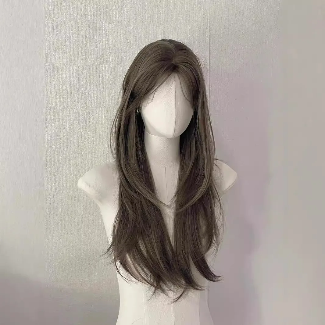 Simulated hair split long straight milk tea gray brown atmosphere invisible wig full head cover Synthetic wig for women