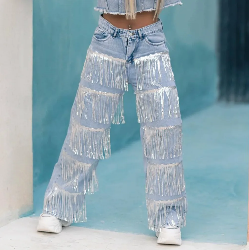 Trendy Denim Jeans Women Sequins Tassel Straight Pants Luxury Hipster Sparkly Fringe Trousers Nail Hip Hop Street Party Cool