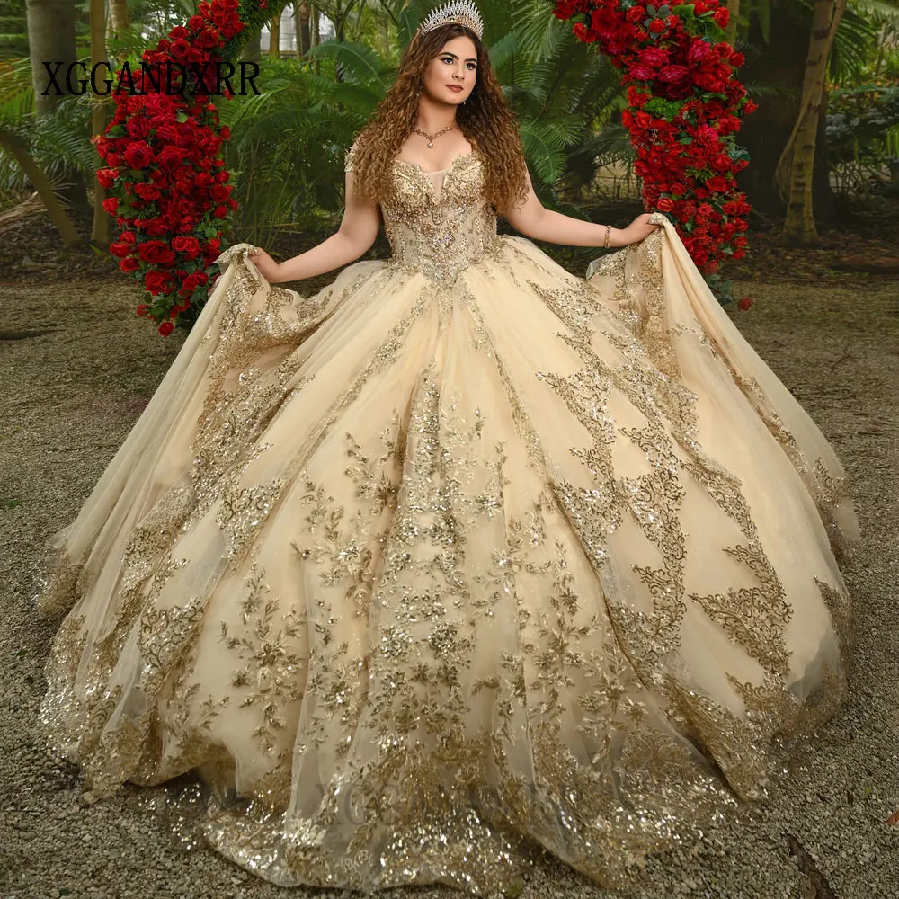 

Customized Customized Mexico Champagne Quinceanera Dress Ball Gown Lace Applique Beading Corset Sweet 16 Vestidos De 15 Anos