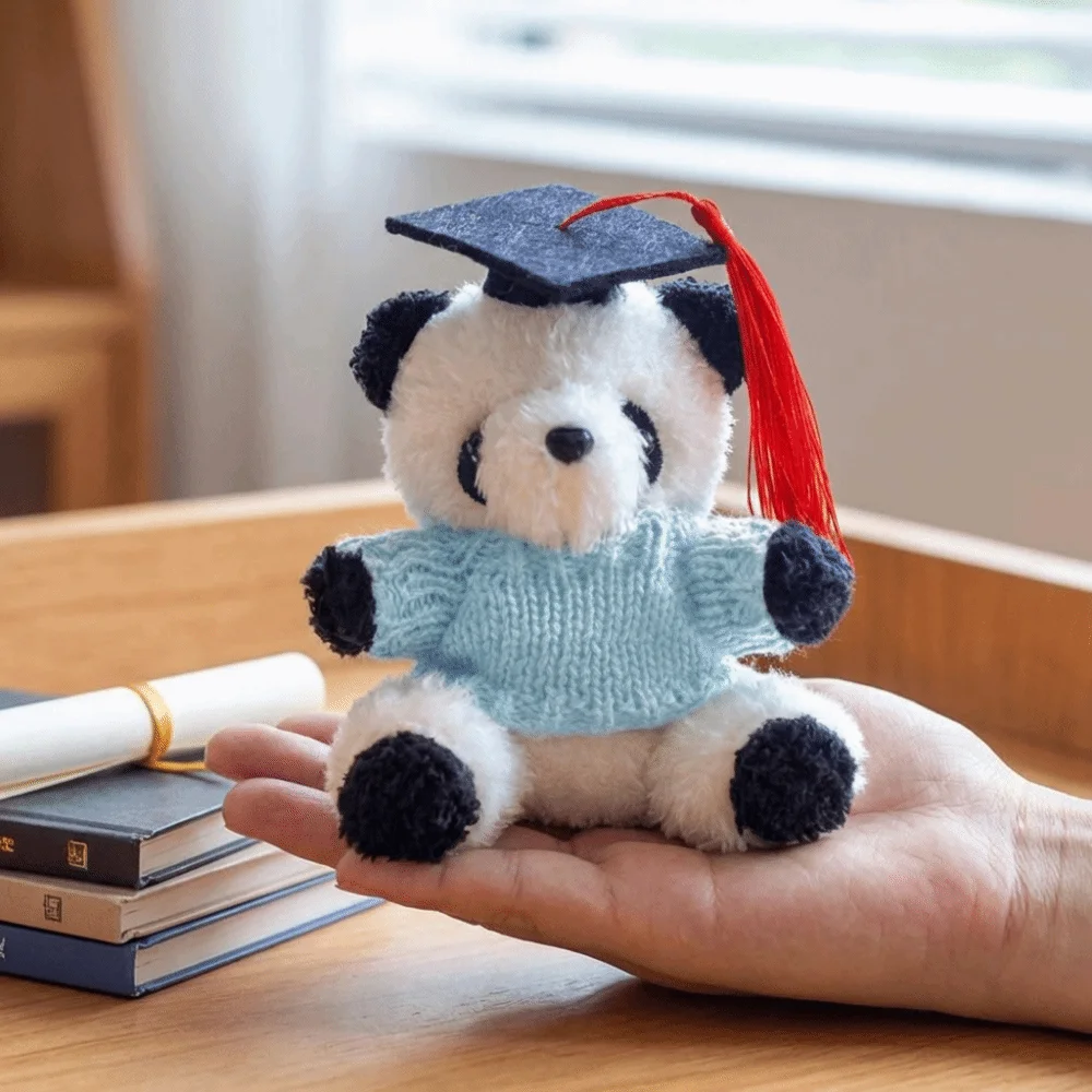 Commemorative Cute Graduation Panda Soft 10cm Panda Ornaments Cartoon with Doctoral Cap Stuffed Panda Pendant Home Decor