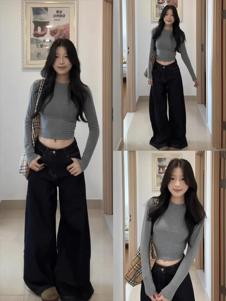 

Long Sleeve T-Shirts Womens Casual Cotton Tops Autumn Oversized Streetwear Korean Style Elegant Slimming Pure Color Design