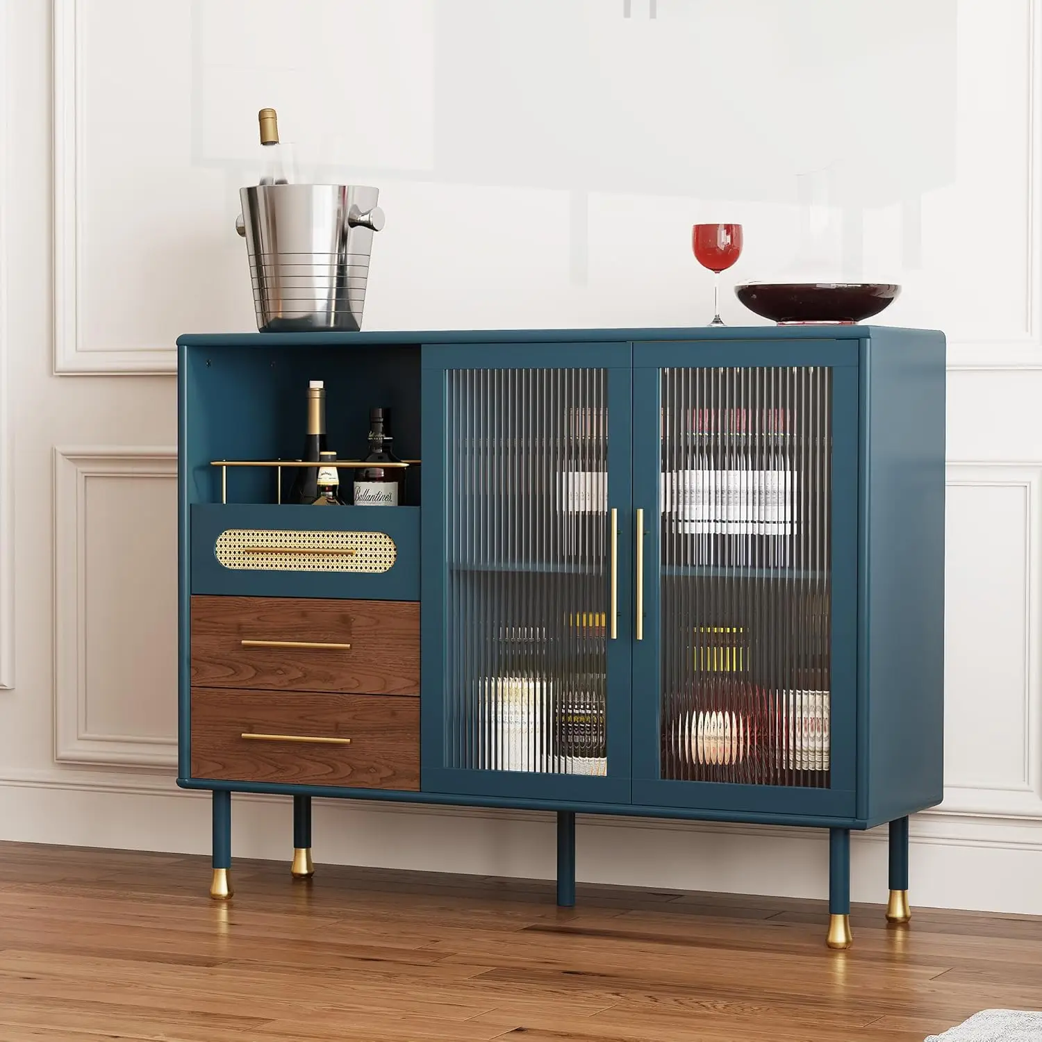 Armadietto da bar da caffè da 48 pollici con portabottiglie e cassetti, credenza moderna da buffet con contenitore per vino estraibile, carrello da bar per liquori