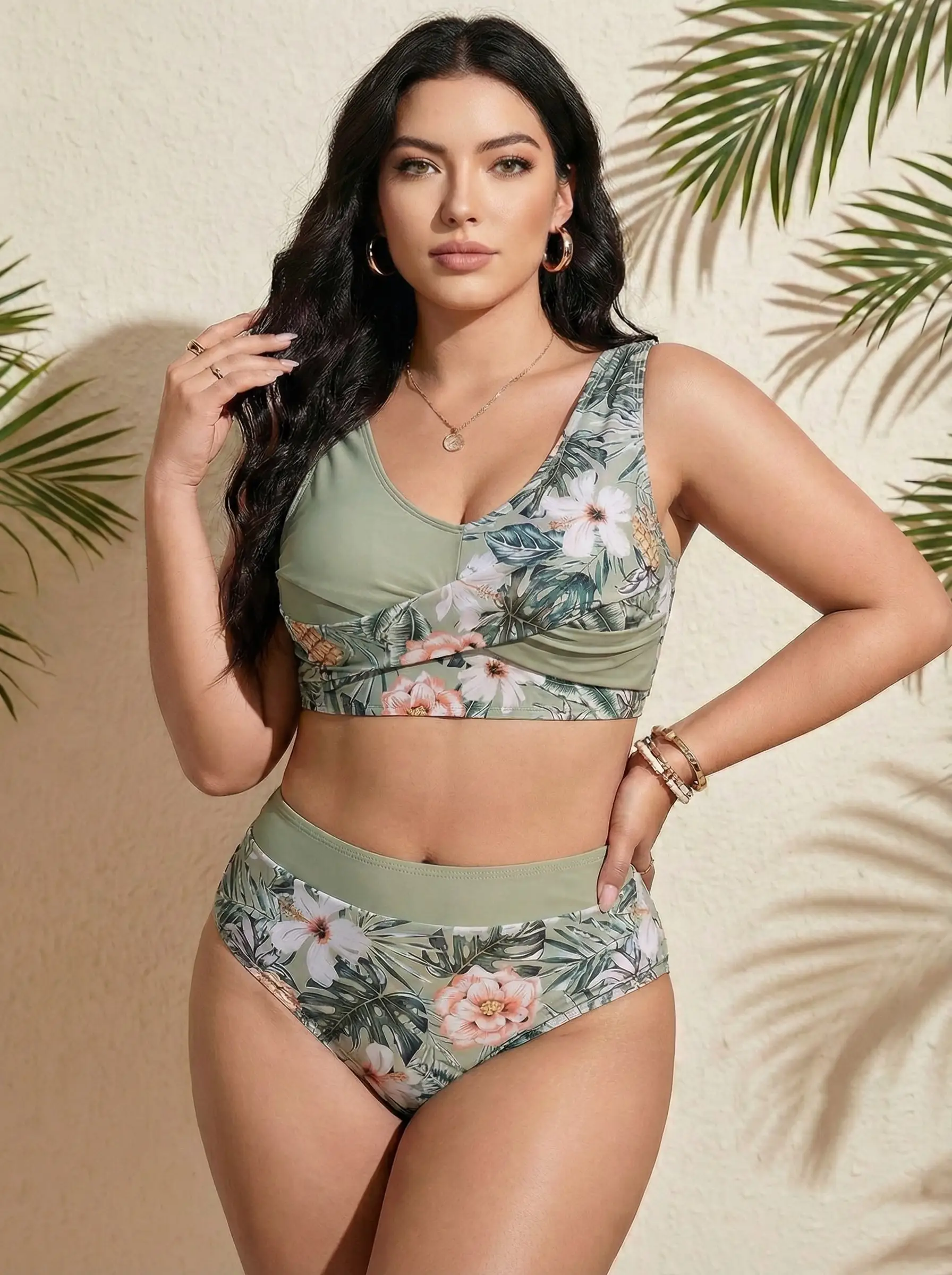 2026 Neues Matcha-Grünes Bedrucktes Tankini Zweiteiler-Set |   Badeanzüge mit Bauchkontrolle für Kurvige Frauen