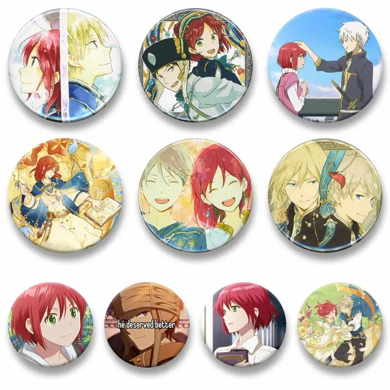 Anime Snow White with The Red Hair Button Pins Shirayuki Obi Zen Wistalia Kiki Round Brooch Bag Briefcase Clothes Lapel Badge