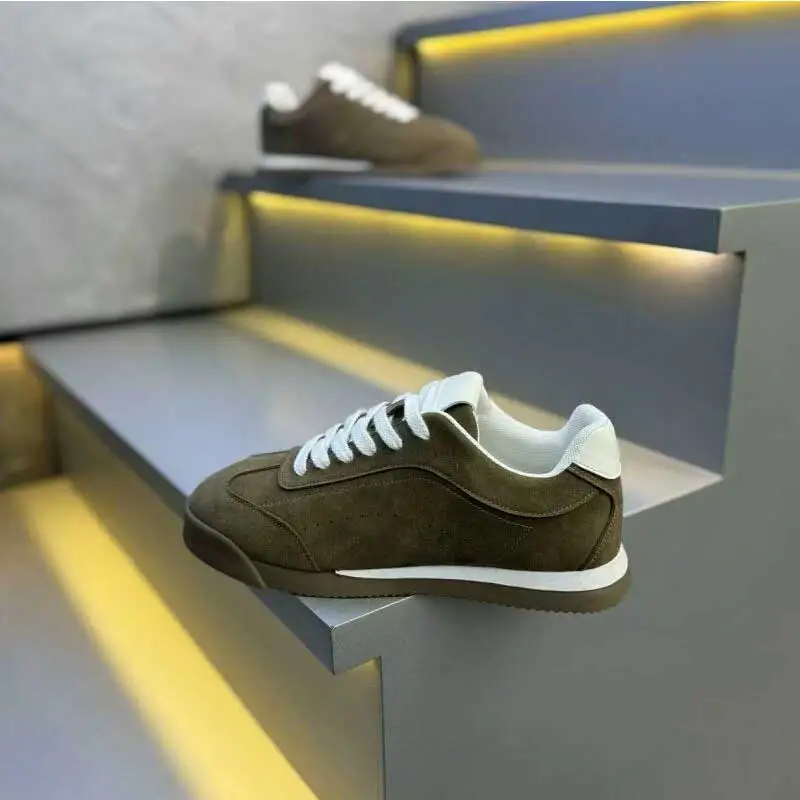 Men Olive Green Suede Casual Sneakers Retro Style White Lace Up Flat Sole Comfortable Walking Shoes Daily Street Footwear