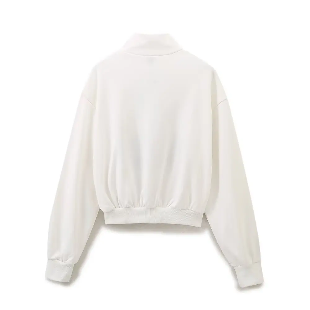 Tangada 2024 Women Embroidery Crop Sweatshirts Oversize Zipper Long Sleeve Loose Pullovers 6H350