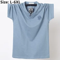 V-neck 6XL 5XL XXXXL Slub Cotton Short Sleeve White High Quality Plus Size Black Blue Tee Shirts Male Boy Oversized Summer Tops